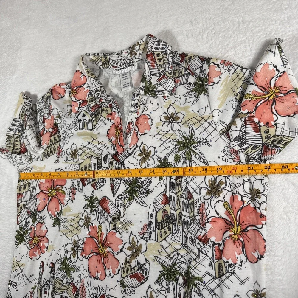 Cathy Daniels L Tropical Hibiscus Print Sparkle Embellished Stretch Top‎ - Picture 5 of 9
